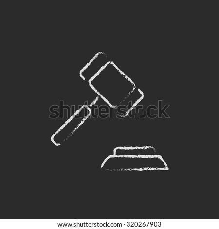 Auction gavel hand drawn in chalk on a blackboard vector white icon isolated on a black background.