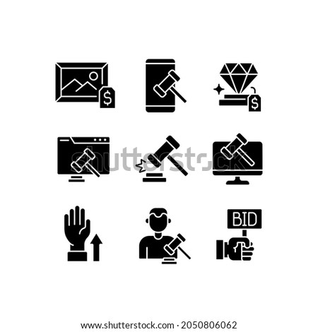 Auction glyph icons set. Vector fill black illustration.