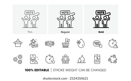 Auction hammer, 5g wifi and Voting campaign line icons. Pack of Group, Timer, Teamwork icon. Freezing water, Shield, Quick tips pictogram. Attention, Cyber attack, Mobile finance. Get boxGears. Vector