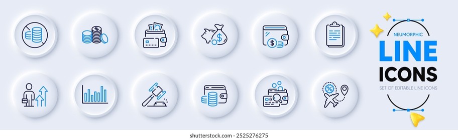 Martillo de la subasta, Portapapeles e inspeccionar los iconos de línea para el App del Web. Paquete de iconos de pictogramas de hucha, dinero, dinero de la cartera. Sin efectivo, resultados de negocios, señales de venta de vuelos. Diagrama de barras, Wallet. Vector