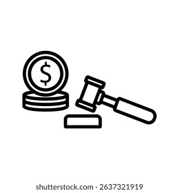 auction hammer with coins isolated on white background