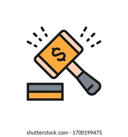 Auction hammer, gavel, sales of company stock market flat color line icon.