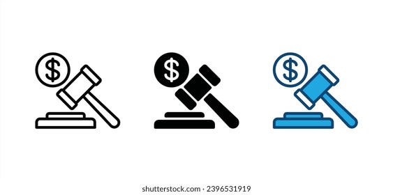 Auction hammer icon. Bid auction, gavel, deal, hammer of justice, sales agreement, judge gavels with dollar sign symbol. Vector illustration