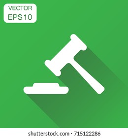 Auction hammer icon. Business concept court tribunal pictogram. Vector illustration on green background with long shadow.