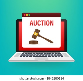 Auction hammer icon in cartoon style isolated on laptop screen. E-commerce symbol stock vector illustration.