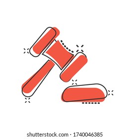 Auction hammer icon in comic style. Court sign cartoon vector illustration on white isolated background. Tribunal splash effect business concept.