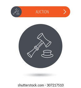 Auction hammer icon. Justice and law sign. Gray flat circle button. Orange button with arrow. Vector