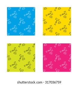 Auction hammer icon. Justice and law sign. Textures with icon. Seamless patterns set. Vector