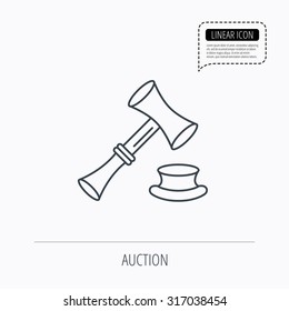 Auction hammer icon. Justice and law sign. Linear outline icon. Speech bubble of dotted line. Vector