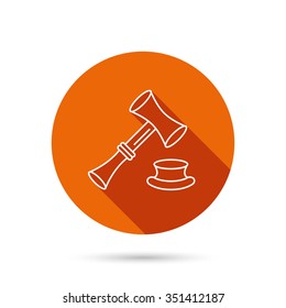 Auction hammer icon. Justice and law sign. Round orange web button with shadow.