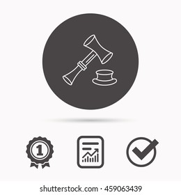 Auction hammer icon. Justice and law sign. Report document, winner award and tick. Round circle button with icon. Vector