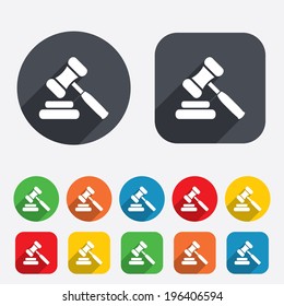 Auction hammer icon. Law judge gavel symbol. Circles and rounded squares 12 buttons. Vector