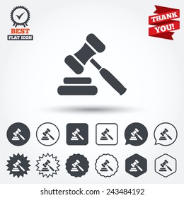 Auction hammer icon. Law judge gavel symbol. Circle, star, speech bubble and square buttons. Award medal with check mark. Thank you ribbon. Vector