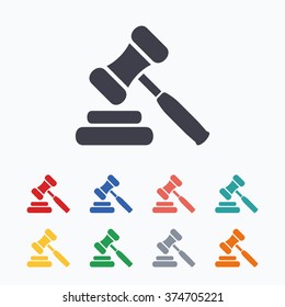 Auction hammer icon. Law judge gavel symbol. Colored flat icons on white background.