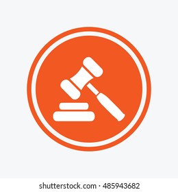 Auction hammer icon. Law judge gavel symbol. Graphic design element. Flat auction hammer symbol on the round button. Vector