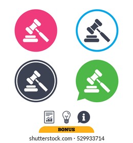 Auction hammer icon. Law judge gavel symbol. Report document, information sign and light bulb icons. Vector