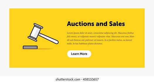 Auction hammer illustration. Announcement about new bids. Web banner. Flat style design.