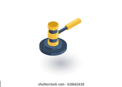 Auction hammer, law and justice symbol, verdict isometric flat icon. 3d vector colorful illustration. Pictogram isolated on white background