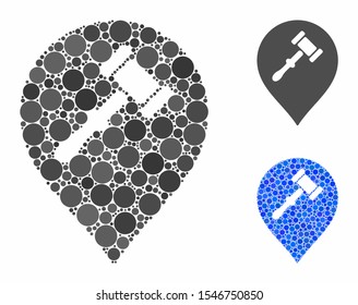 Auction hammer marker composition of filled circles in various sizes and color tones, based on auction hammer marker icon. Vector random circles are composed into blue composition.