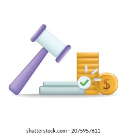 Auction hammer with money coin 3d cartoon style vector illustration design.