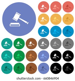 Auction hammer multi colored flat icons on round backgrounds. Included white, light and dark icon variations for hover and active status effects, and bonus shades on black backgounds.