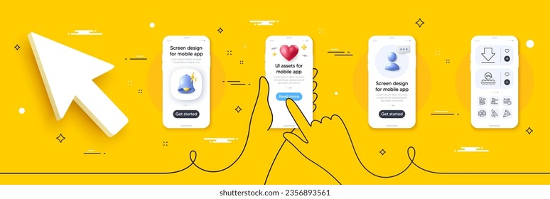 Auction hammer, Pizza and Chemistry pipette line icons pack. Phone screen mockup with 3d alert bell, health and headshot. Money change, Uv protection, Feminism web icon. Vector