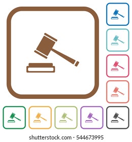 Auction hammer simple icons in color rounded square frames on white background