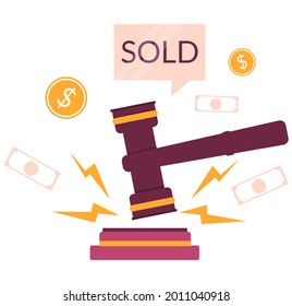 Martillo de subasta, burbuja de voz vendida, dinero, ilustración plana vectorial. Comercio de mercado. El negocio de las subastas.