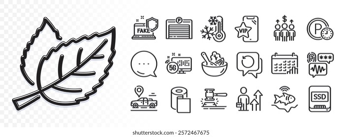 Auction hammer, Ssd and Leaf line icons for web app. Glare of light effect. Message icon. Pack of Salad, Freezing, Biometric security pictogram icons. Vector