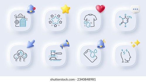 Auction hammer, Stress and Chemical formula line icons. Buttons with 3d bell, chat speech, cursor. Pack of Wash t-shirt, Seo shopping, Like icon. Smartphone waterproof, Stars pictogram. Vector