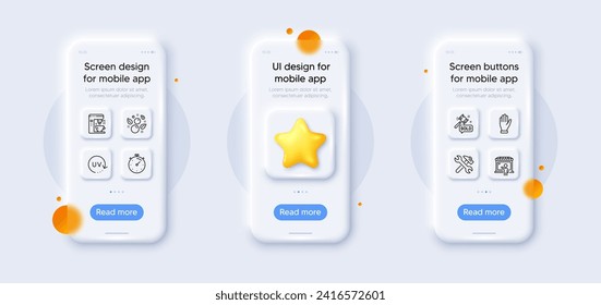 Auction hammer, Timer and Coffee maker line icons pack. 3d phone mockups with star. Glass smartphone screen. Uv protection, Market seller, Clean bubbles web icon. Repair, Hand pictogram. Vector