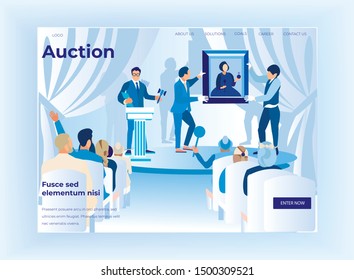 Auction Horizontal Banner, People Bidding in Public Auction House. Buyers at Masterpiece Trade, Man Auctioneer Raising Gavel to Knock Down Sale Highest Bidder Close. Cartoon Flat Vector Illustration