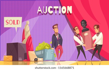 Auction horizontal composition with luxury stage and flat doodle human characters of people and rare items vector illustration