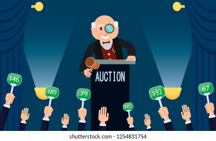 Auction House and Bidding Concept. Man Auctioneer with Gavel. Sales in Art Gallery. Landscape Painting Lot. Professional Auction Business. People Buyers Bargain for Picture. Vector Flat Illustration.