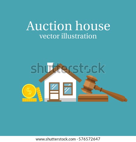 Auction house. Concept bidding on home. Gavel, house, cash, coins isolated on background. Buying, selling or foreclosure. Vector illustration flat design. The trial of the property.