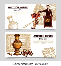 Auction house horizontal banners with manager and rare vase on auction theme background sketch doodle vector illustration