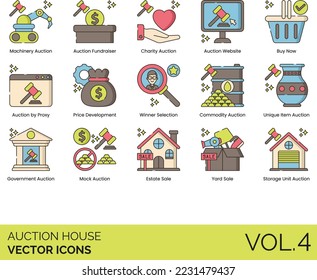 Casa de subastas que incluye incremento de puja, remo de puja, compra ya, automóvil, catalogación, caridad, mercancía, informe de condiciones, precio de reserva, resultados, número de venta