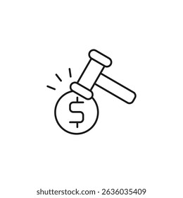 Auction icon featuring gavel hitting dollar coin, ideal for financial websites, auction platforms, business presentations, and legal documents.