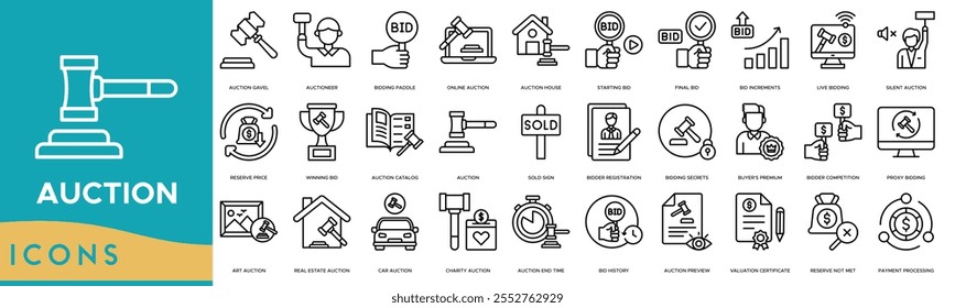 Auction icon. Auction Gavel, Auctioneer, Bidding Paddle, Online Auction and Auction House