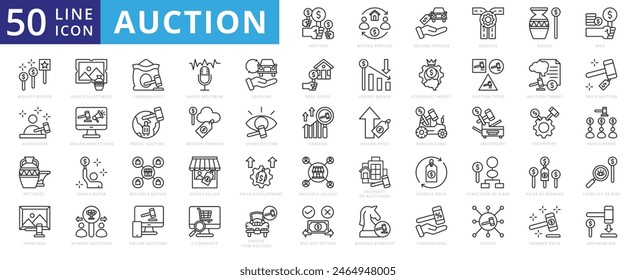 Auction icon set with buying process, selling, services, goods, bids, highest bidder, auctioneer and antiques.