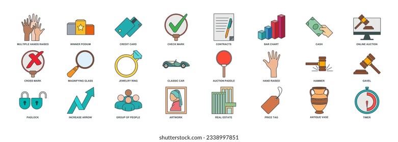 Auction icon set, Included icons as Hand Raised, Price Tag, Magnifying Glass and more symbols collection, logo isolated vector illustration