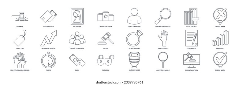 Auction icon set, Included icons as Hand Raised, Price Tag, Magnifying Glass and more symbols collection, logo isolated vector illustration