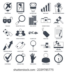 Auction icon set, Included icons as Hand Raised, Price Tag, Magnifying Glass and more symbols collection, logo isolated vector illustration