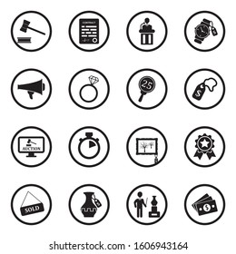 Auction Icons. Black Flat Design In Circle. Vector Illustration.