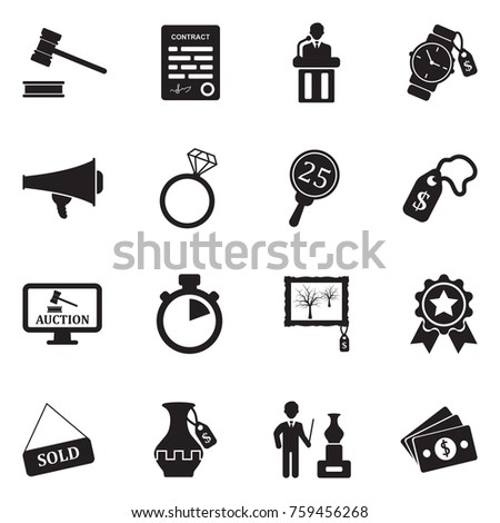 Auction Icons. Black Flat Design. Vector Illustration. 