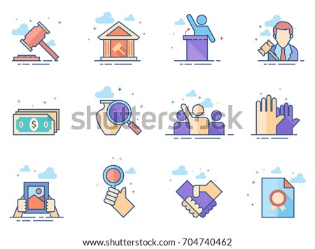 Auction icons in flat color style. Bidding, auctioneer.