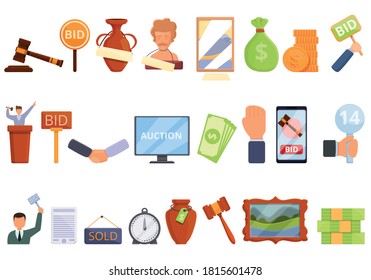 Auction icons set. Cartoon set of auction vector icons for web design