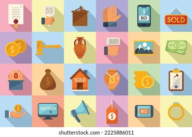 Auction icons set flat vector. Online charity. Internet property
