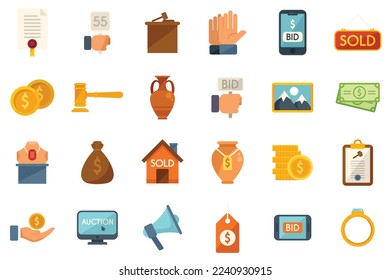Auction icons set flat vector. Online charity. Internet property isolated
