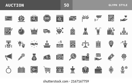 Auction icons set with glyph style. Icon hammer, price, bidding, judge, painting, deal and more. Can be used for digital product, presentation, print design and more.